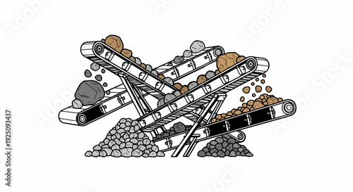 Conveyor belts transporting and depositing piles of rocks