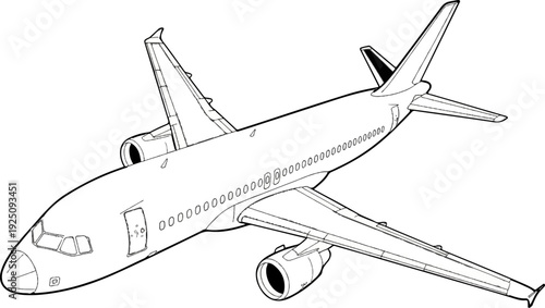 Detailed line drawing of a passenger jetliner, angled view, showing engines, wings, and tail