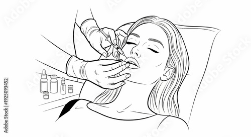 Close up of a person receiving lip filler injections with vials nearby