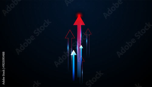 Multiple arrows shine with electric light, expressing rapid progress in digital finance and business powered by technology. ັືກ Bright arrows stretch upward with luminous trails