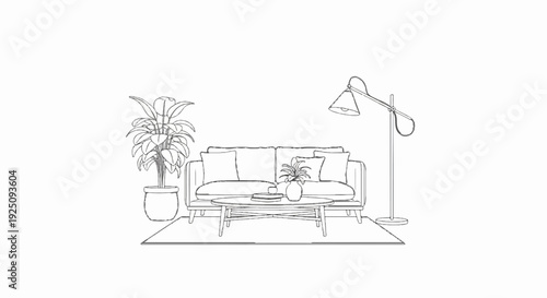 Line art sketch of a living room setup with a sofa, coffee table, and plants
