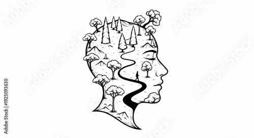 Head profile contains a winding path through a forest landscape
