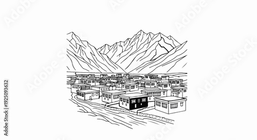 Mountain village with linear mountains and clustered buildings, one dark