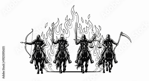 Four horsemen, fire, bow, sword, scales, scythe