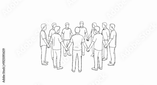Line drawing of diverse people holding hands in a circle formation