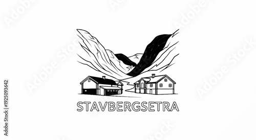 Mountain valley with two houses below a dramatic, dark rock formation