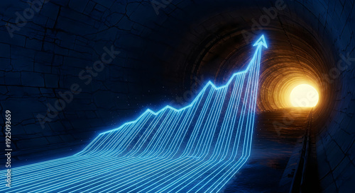 Glowing blue graph line with arrow emerging from tunnel