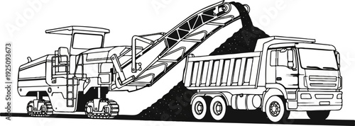 Road grader dumping asphalt into a dump truck at a construction site