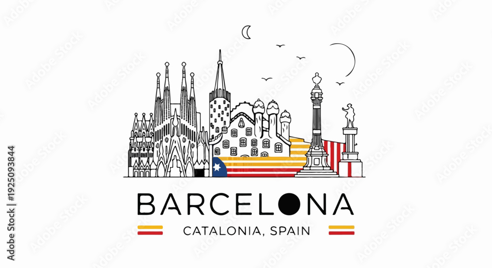 Obraz premium Iconic Barcelona skyline with famous landmarks and Catalan flag