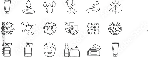 Professional skincare and beauty line art icon set featuring facial masks serum bottles cream tubes and dermatological symbols.