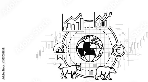 Global stock market trading with bull, bear, globe, charts, euro