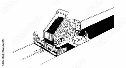 Workers use paver and dump truck for road construction