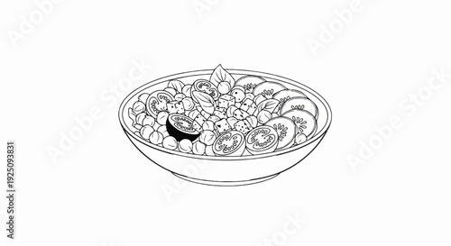 Hand-drawn sketch of a bowl filled with chickpeas, tomato slices, and herbs
