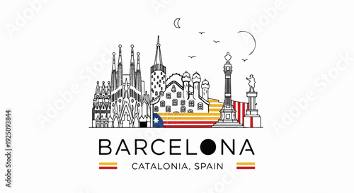 Iconic Barcelona skyline with famous landmarks and Catalan flag