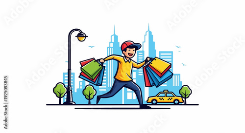 Happy shopper running with bags in a city with buildings and a taxi