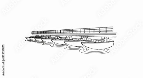 Line art of a futuristic elevated walkway over a line of docked boats
