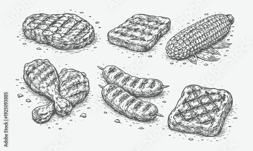 Hand Drawn Grilled Texture Food Elements Vector Sketch Collection
