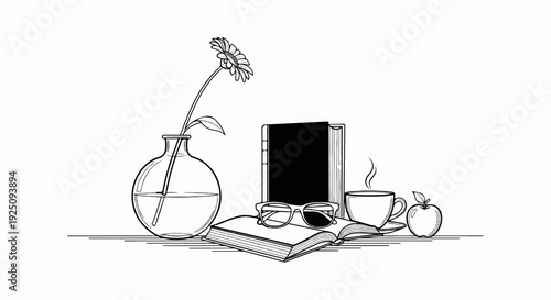 Line art still life with flower, books, glasses, coffee, and apple
