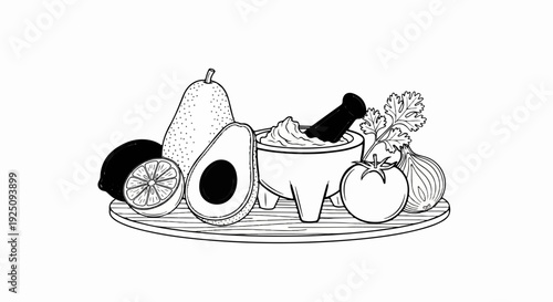 Line art illustration of ingredients for guacamole in a mortar and pestle on a platter