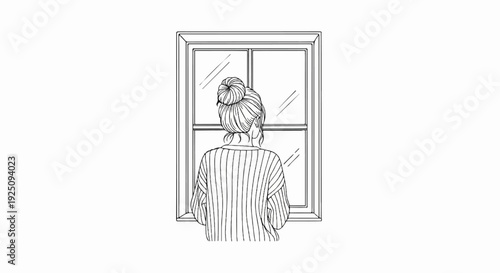 Minimalist line drawing of a person with a bun hairstyle looking out a window