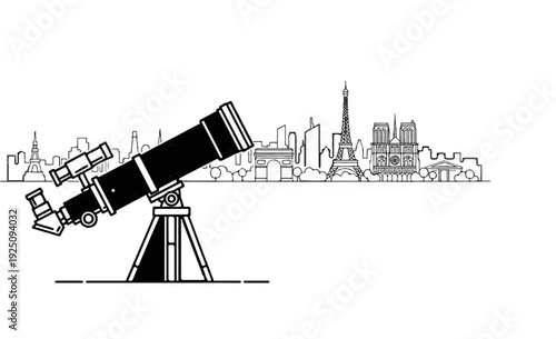 Silhouette of a telescope pointed towards a stylized cityscape with iconic landmarks
