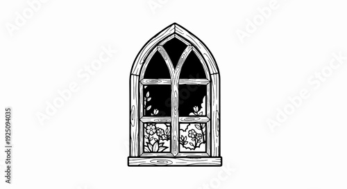 Ornate arched window with wood grain reveals floral garden view
