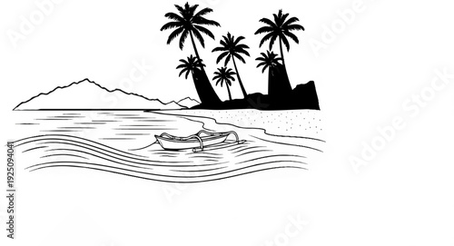 Silhouette of a tropical beach with palm trees, a canoe, and mountains in the distance