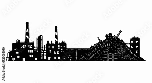 Silhouette of an industrial complex with a large debris pile and smoking chimneys