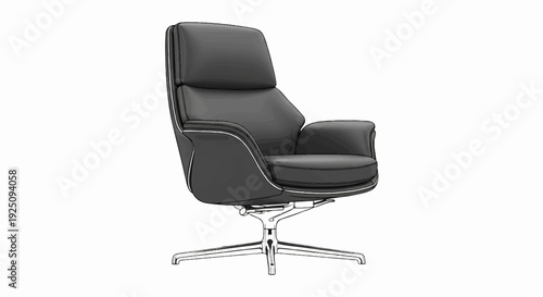 Black leather armchair with chrome base and arm accents, studio render