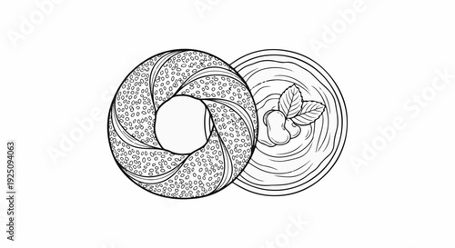 Black and white line drawing of a seeded ring pastry and a bowl of creamy dip with garnish