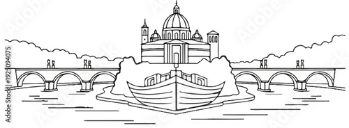 Ornate domed building with bridges and a ship on a river