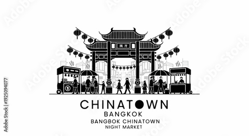 Bangkok Chinatown night market illustration with traditional gate and food stalls
