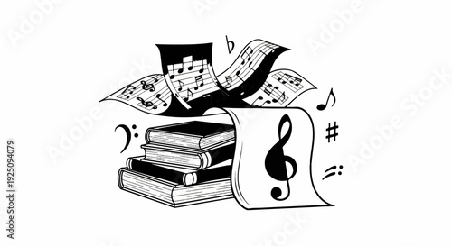Stack of books with flowing sheet music and musical symbols