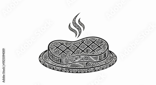 Ornate hot steak on a patterned platter with swirling steam