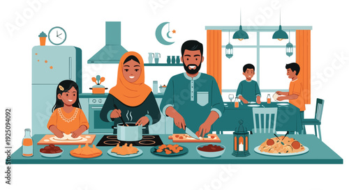 Happy Muslim Family Cooking and Preparing Iftar Meal Together in Kitchen