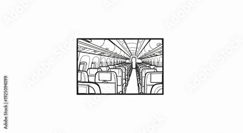 Interior view of an empty airplane cabin with rows of seats and screens