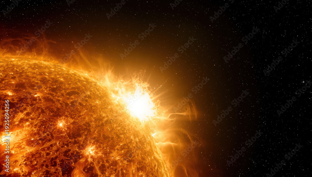 Obraz premium Solar flare erupting from glowing orange star with dramatic plasma loops and sparkling space