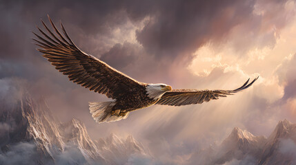 Detailed View of a Bald Eagle in Flight Against a Mountainous Backdrop