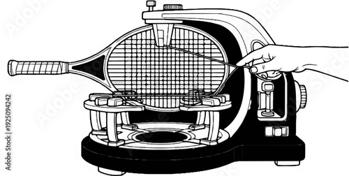Hand strings a tennis racket on a machine for optimal tension