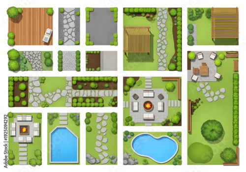 Top View Landscape Design Elements Collection – Garden Layout Plan with Trees, Paths, Patio and Pool Set