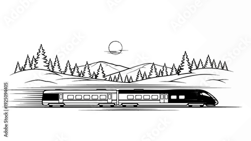 A stylized black and white drawing of a high-speed train traveling through a mountainous landscape