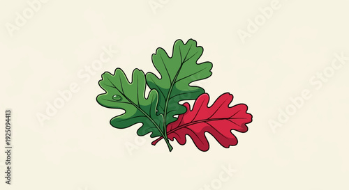 Three oak leaves, two green with a dewdrop, one red, on a cream background