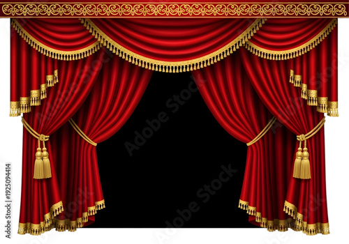 Luxury Red Theater Curtains with Tassels – Classic Stage Drapes Open Frame Illustration