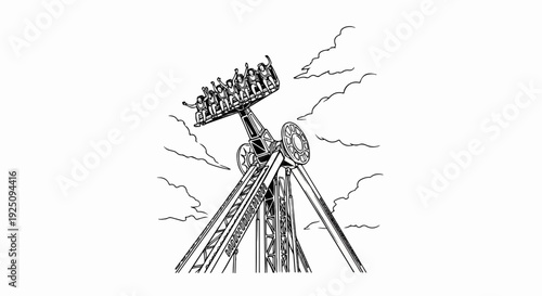 Thrill ride with happy people swinging high amidst clouds