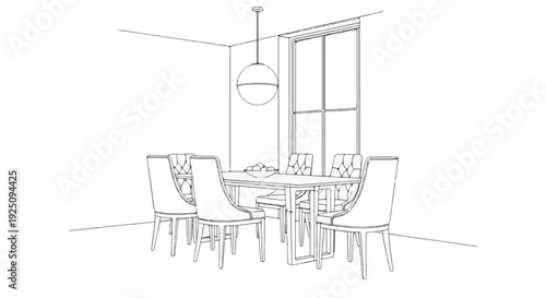 Sketch of a dining room with a table, chairs, and a large window