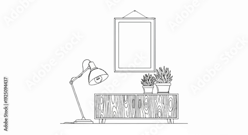 Sketch of a desk lamp, framed picture, and potted plants on a cabinet