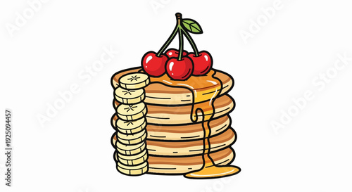 A stack of golden pancakes topped with cherries and syrup, with bananas