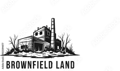 Vintage illustration of an abandoned industrial building with a smokestack