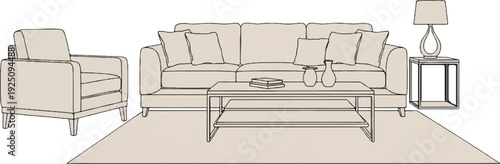 A simple drawing of a beige living room set with couch, armchair, coffee table, lamp, and rug