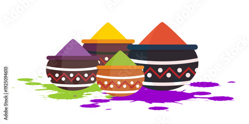 Clay pots filled with vibrant gulal powder for Holi festival celebration.